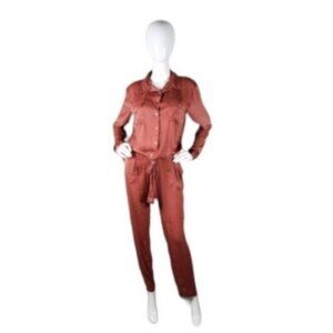 Hello Nite Marsala Belted Satin Jumpsuit Brick Red Size Small